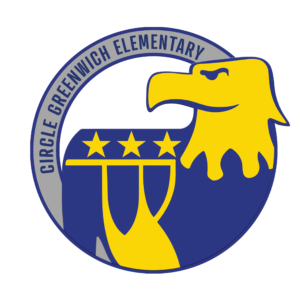 Circle Greenwich Elementary logo featuring a stylized yellow eagle head and three stars above two yellow banners, all inside a blue and gray circular border.