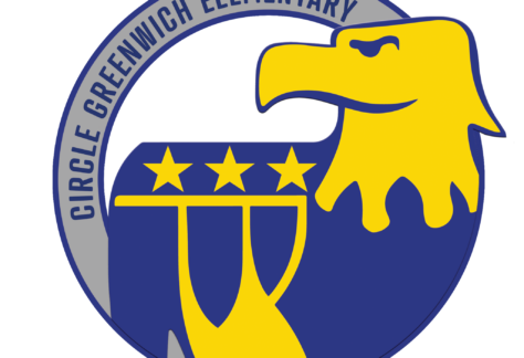 Circle Greenwich Elementary logo featuring a stylized yellow eagle head and three stars above two yellow banners, all inside a blue and gray circular border.