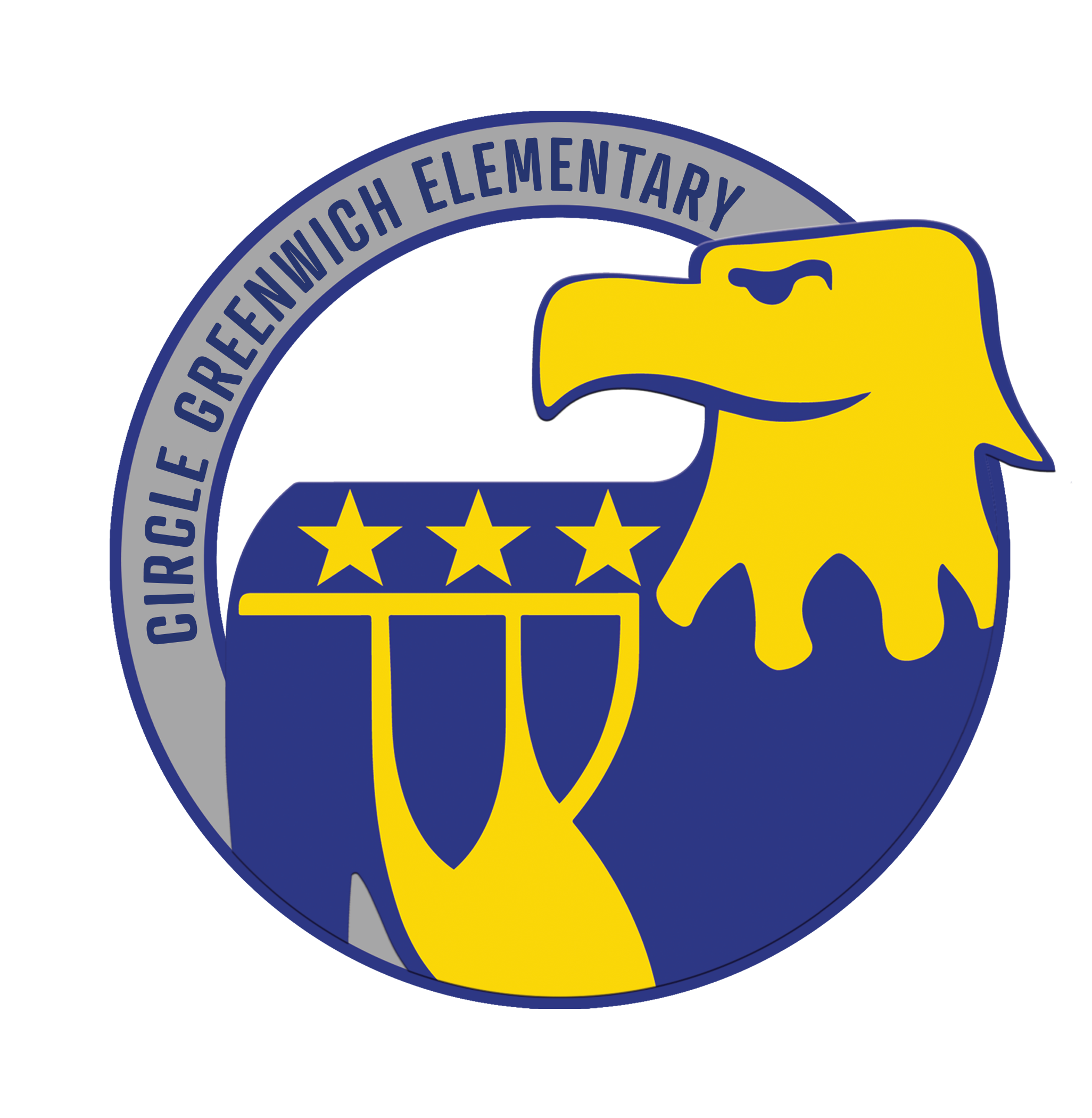 Circle Greenwich Elementary logo featuring a stylized yellow eagle head and three stars above two yellow banners, all inside a blue and gray circular border.