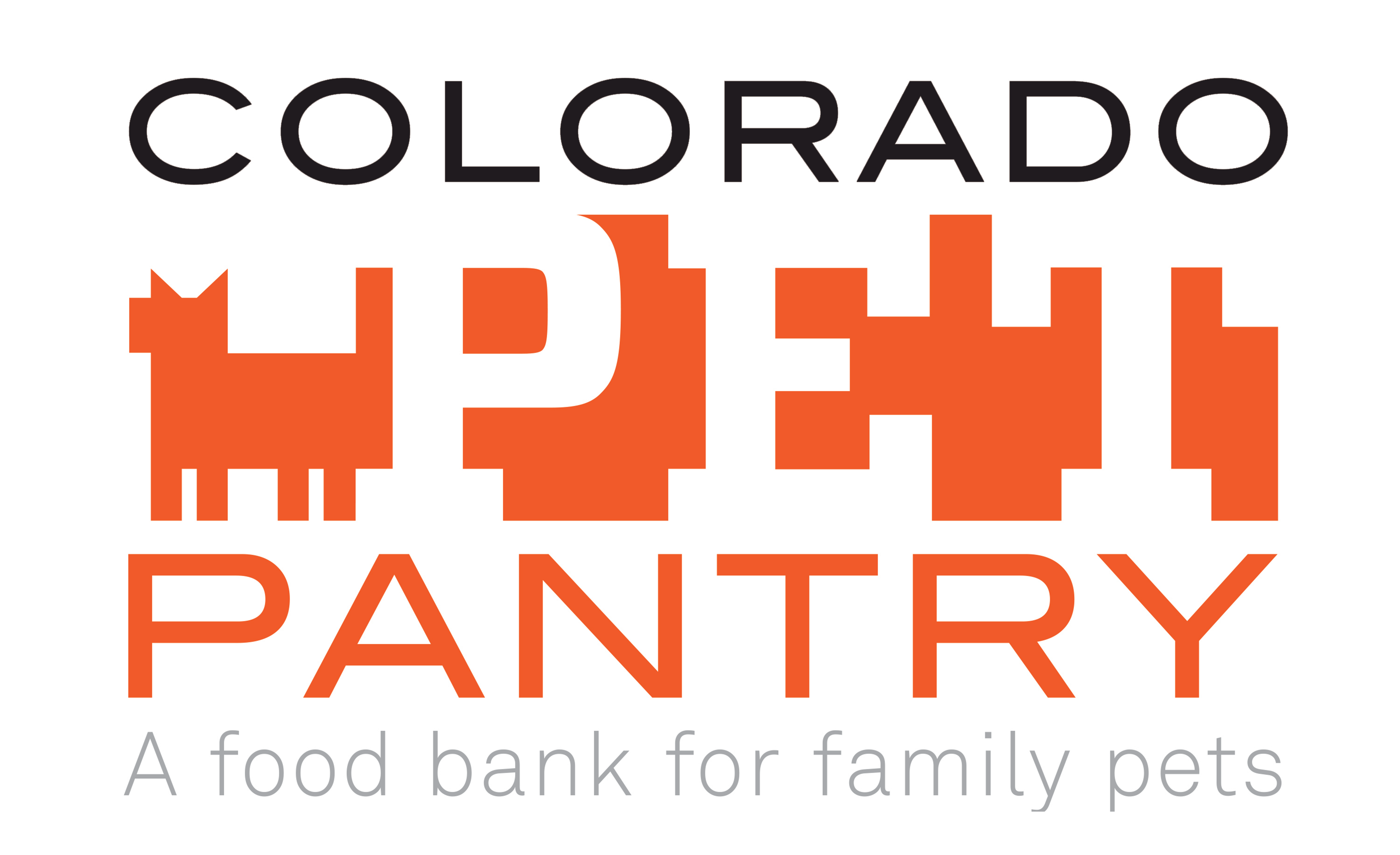 Logo for Colorado Pantry with stylized orange dog and cat shapes above the words PANTRY and A food bank for family pets. Featuring a 10% Giveback to Bodhi Battalion Giveback Event at Chicken N Pickle, this design highlights our commitment to supporting furry friends in need.