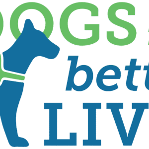 A blue silhouette of a dog wearing a green harness with a heart. The text reads DOGS for better LIVES in green and blue letters.
