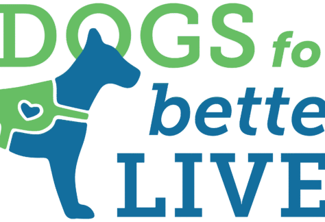 A blue silhouette of a dog wearing a green harness with a heart. The text reads DOGS for better LIVES in green and blue letters.