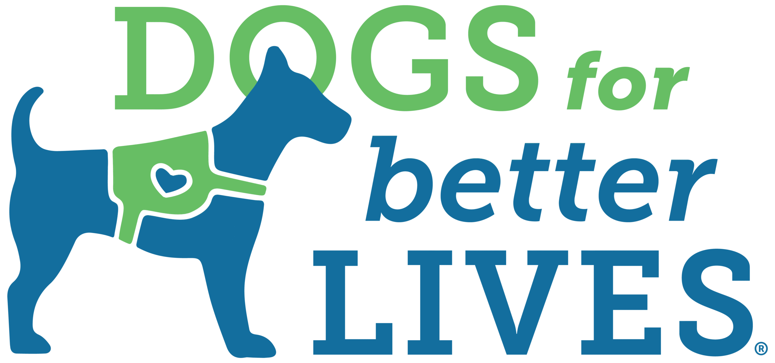 A blue silhouette of a dog wearing a green harness with a heart. The text reads DOGS for better LIVES in green and blue letters.