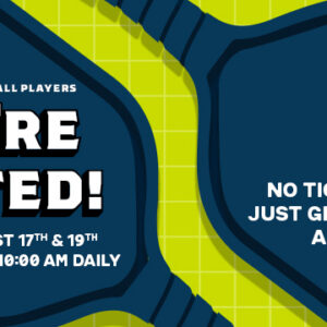 Invitation for Broomfield Pickleball Players! Join us August 17th and 19th, 7–10 AM daily, for a fun-filled event on the courts. No tickets needed—just bring your paddle! This gathering features images of paddles and a pickleball on a vibrant green grid background. Plus, don’t miss our special 10% Giveback to Bodhi Battalion.