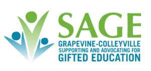 Logo for SAGE: Supporting and Advocating for Gifted Education with three abstract human figures in green and blue on the left. Text mentions Grapevine-Colleyville.