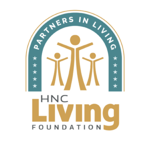 Logo for HNC Living Foundation showing three stylized human figures under an arch with blue background, stars, and the words PARTNERS IN LIVING. The text HNC Living Foundation appears below the graphic.