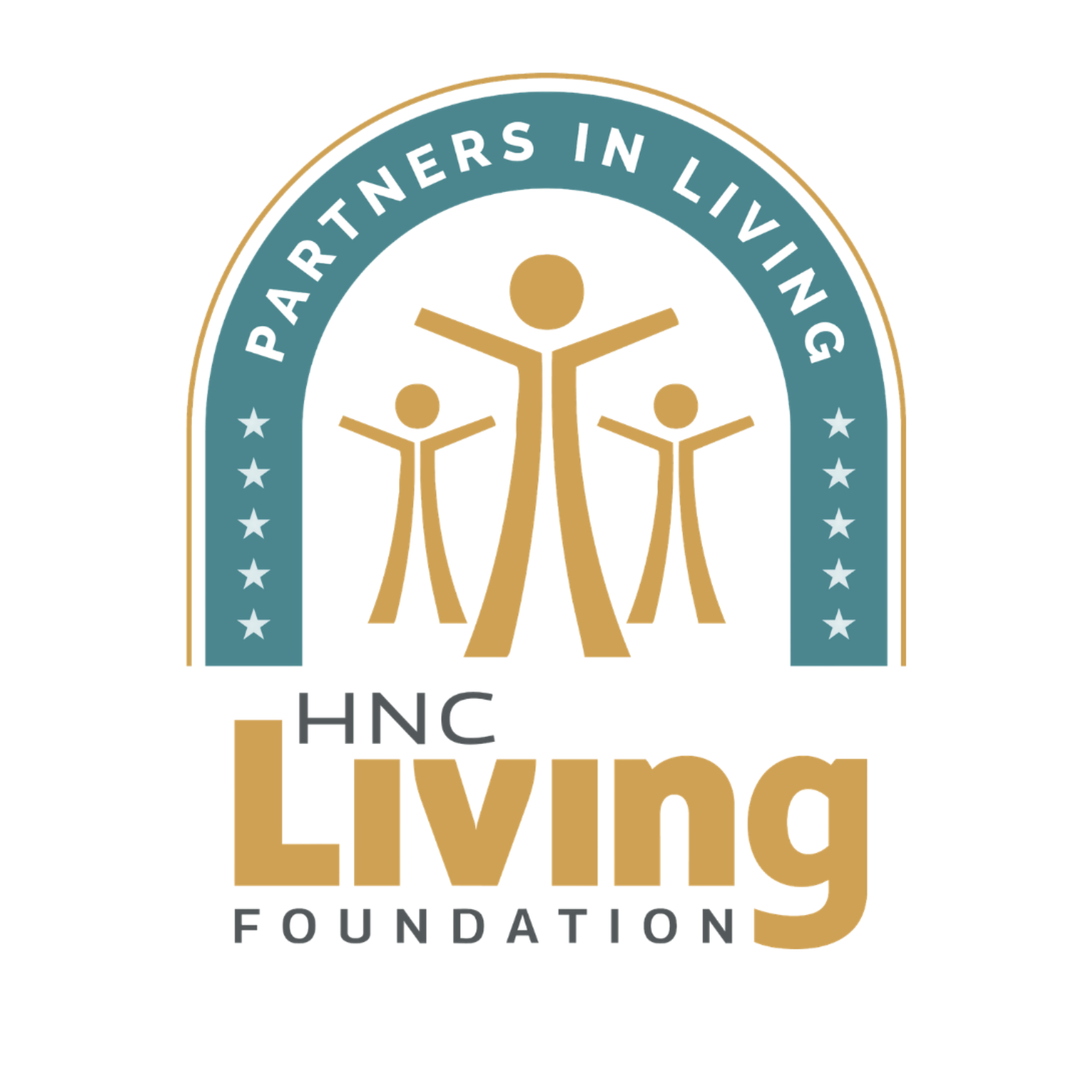 Logo for HNC Living Foundation showing three stylized human figures under an arch with blue background, stars, and the words PARTNERS IN LIVING. The text HNC Living Foundation appears below the graphic.