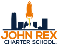 Logo for John Rex Charter School featuring a city skyline and an orange rocket launching upward, with the school name below in bold orange and blue letters.