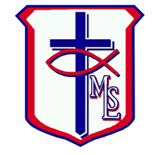 A shield-shaped logo with a blue cross, a red ichthys (fish symbol), and the blue letters MSL on a white background, outlined in red and blue.