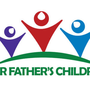Three abstract human figures in purple, red, and blue stand above a green curved line. Below, green text reads OUR FATHERS CHILDREN..