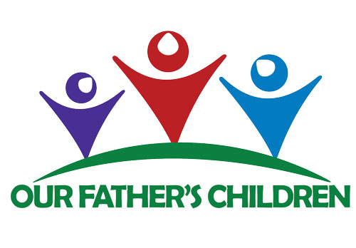 Three abstract human figures in purple, red, and blue stand above a green curved line. Below, green text reads OUR FATHERS CHILDREN..