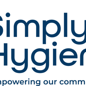 Simply Hygiene logo with stylized blue and green shapes on the left, bold blue text reading Simply Hygiene, and tagline below: Empowering our community with essentials..