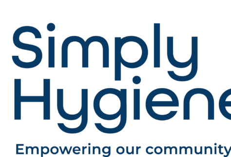 Simply Hygiene logo with stylized blue and green shapes on the left, bold blue text reading Simply Hygiene, and tagline below: Empowering our community with essentials..