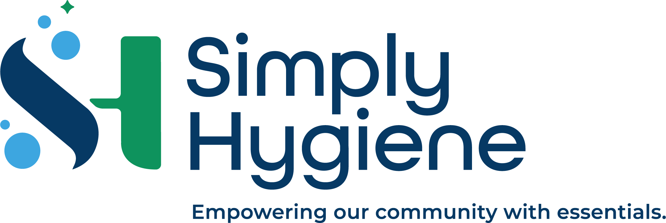 Simply Hygiene logo with stylized blue and green shapes on the left, bold blue text reading Simply Hygiene, and tagline below: Empowering our community with essentials..