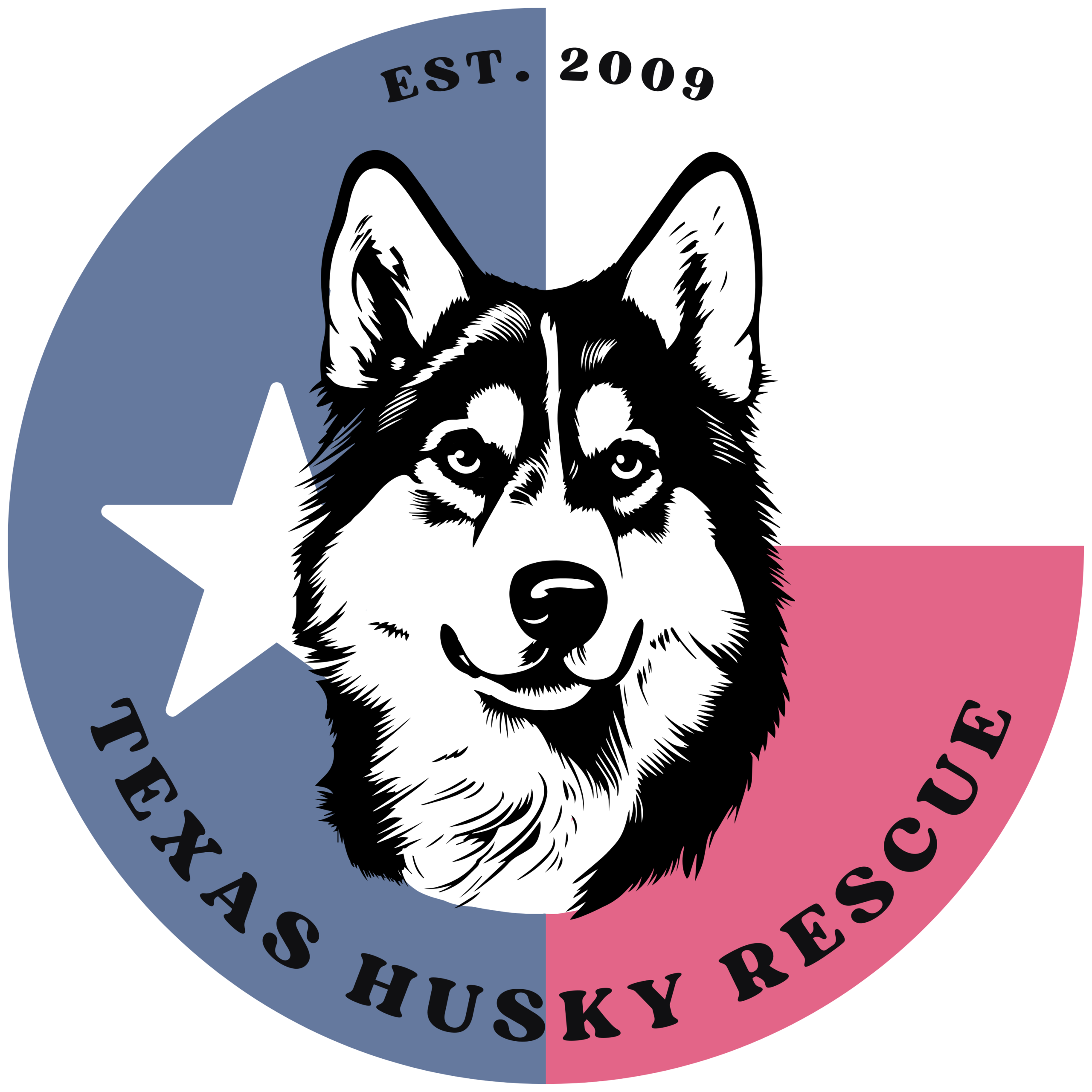 Logo for Texas Husky Rescue featuring a huskys face over a blue, white, and red background with a white star, text Est. 2009 at top, and Texas Husky Rescue at bottom.
