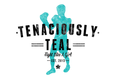 A teal silhouette of a boxer is behind bold text reading Tenaciously Teal. Below, it says Fight Like A Girl and Est. 2013 with star accents.