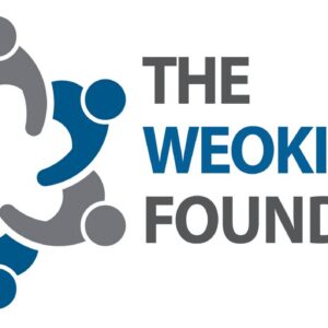 Logo for The WEOKIE Foundation featuring five abstract human figures in a circular formation next to the organizations name in blue and gray text on a white background.