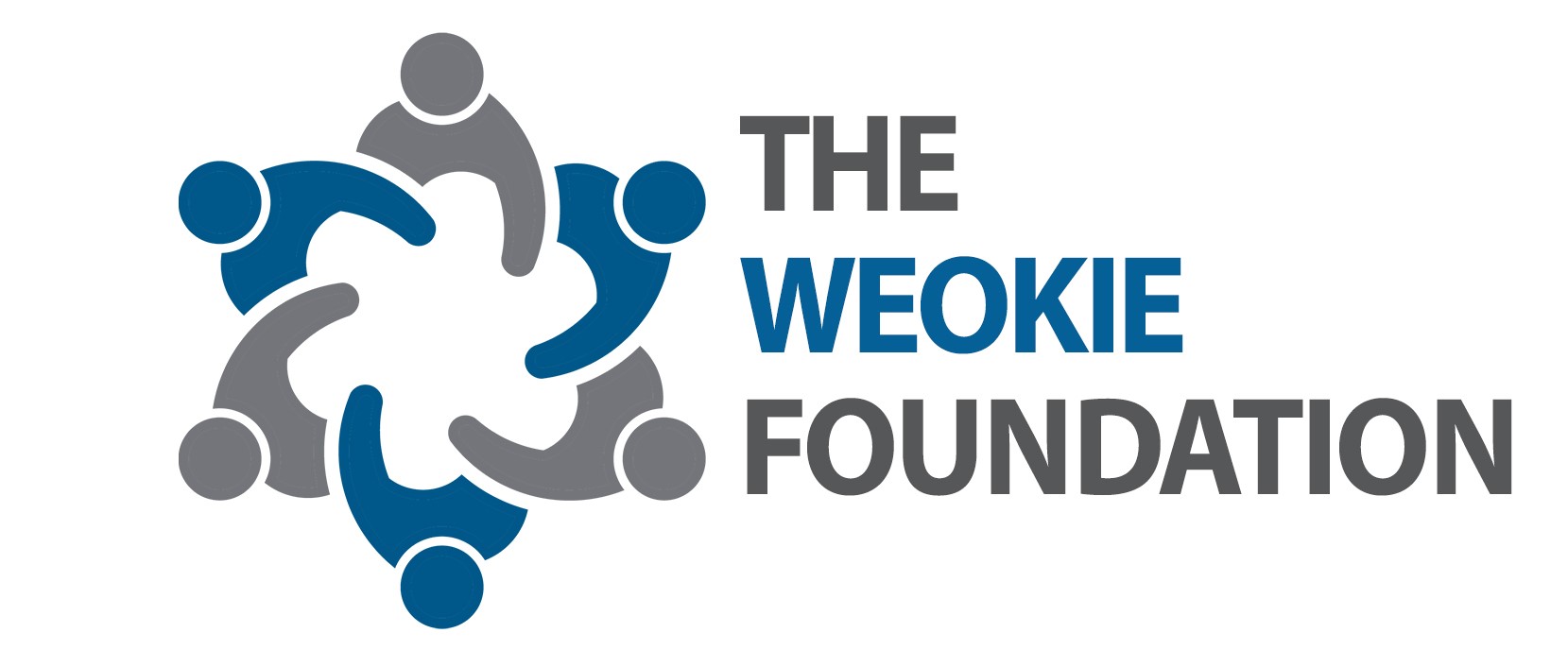 Logo for The WEOKIE Foundation featuring five abstract human figures in a circular formation next to the organizations name in blue and gray text on a white background.