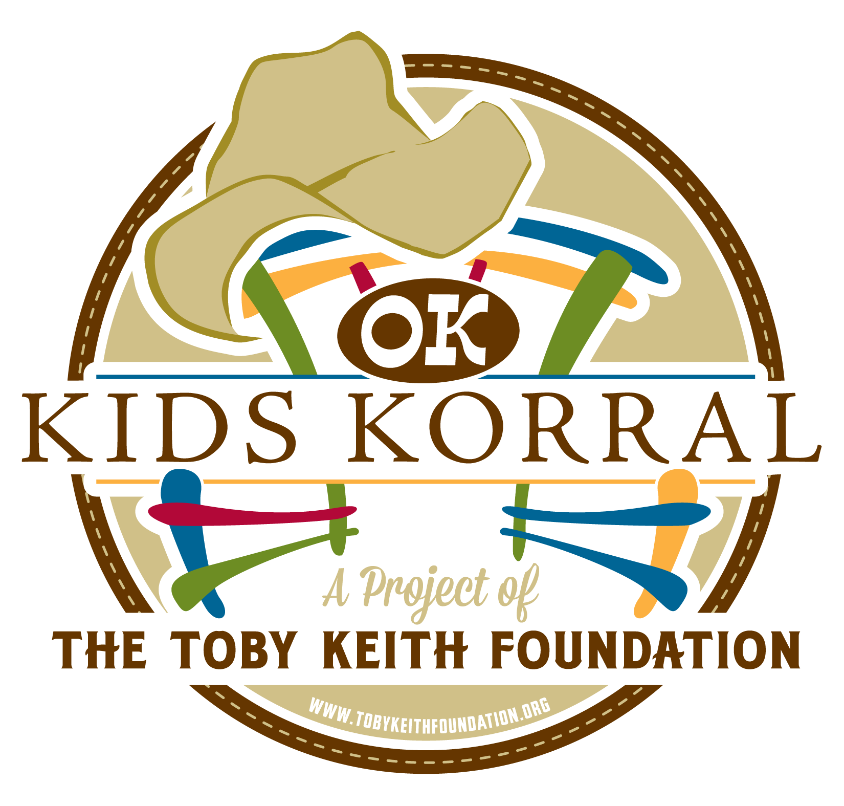 Kids Korral logo featuring a cowboy hat, drumsticks, and colorful stick figures, with text: A Project of The Toby Keith Foundation and the website www.tobykeithfoundation.org.