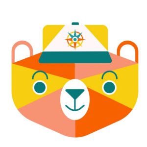A geometric illustration of a bears face in orange, yellow, and pink tones, wearing a white and yellow cap with a colorful compass design on the front.