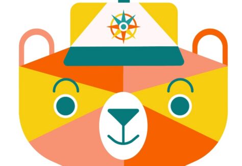 A geometric illustration of a bears face in orange, yellow, and pink tones, wearing a white and yellow cap with a colorful compass design on the front.