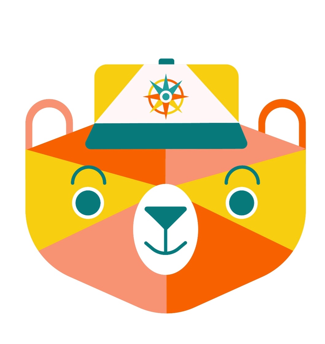 A geometric illustration of a bears face in orange, yellow, and pink tones, wearing a white and yellow cap with a colorful compass design on the front.