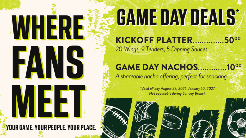 Restaurant promotion poster with text about game day deals: Kickoff Platter for $50 with 20 wings, 9 tenders, and 5 sauces; Game Day Nachos for $10. Sports balls decorate the background. Join us at Chicken N Pickle for a special 10% Giveback Night Benefiting The Arya Foundation!.