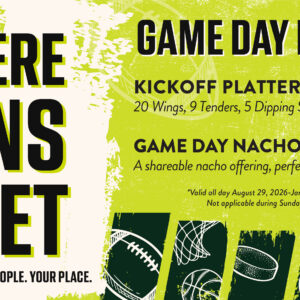 Restaurant promotion poster with text about game day deals: Kickoff Platter for $50 with 20 wings, 9 tenders, and 5 sauces; Game Day Nachos for $10. Sports balls decorate the background. Join us at Chicken N Pickle for a special 10% Giveback Night Benefiting The Arya Foundation!.