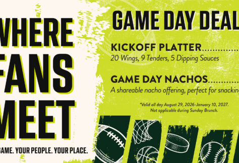 Restaurant promotion poster with text about game day deals: Kickoff Platter for $50 with 20 wings, 9 tenders, and 5 sauces; Game Day Nachos for $10. Sports balls decorate the background. Join us at Chicken N Pickle for a special 10% Giveback Night Benefiting The Arya Foundation!.