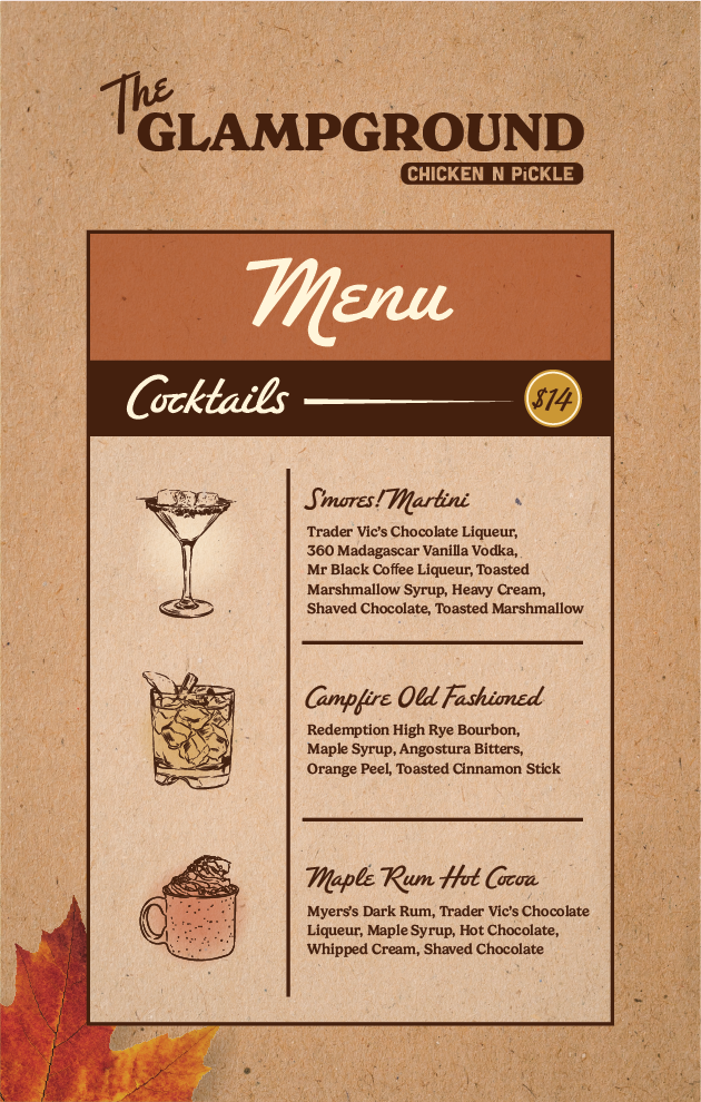 A menu titled Glampground Cocktails lists three drinks: Smores Martini, Campfire Old Fashioned, and Maple Rum Hot Cocoa, each with ingredients. Price is $14. Autumn leaf decorates the bottom left corner.