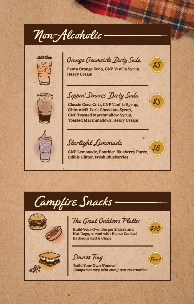 Menu featuring non-alcoholic drinks like Orange Creamsicle Dirty Soda and Sippin Smores Dirty Soda, plus campfire snacks including a burger platter and a complimentary smores tray. Rustic design with drink illustrations.