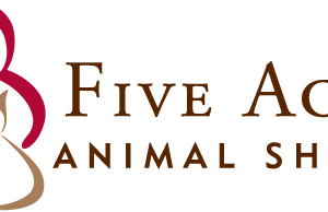 Logo for Five Acres Animal Shelter, featuring stylized brown outlines of a dog and cat with a maroon human figure, and the shelter’s name in brown text to the right. Perfect for promoting special events like the 10% Giveback Night Benefiting The Arya Foundation at Chicken N Pickle.