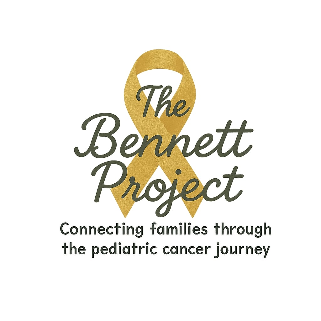 A gold ribbon with the words The Bennett Project and the tagline Connecting families through the pediatric cancer journey below it, in recognition of the 10% Giveback Night Benefiting The Arya Foundation at Chicken N Pickle.