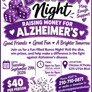 Purple flyer for Bunco Night, a fundraiser for Alzheimers, featuring dice, event details, and pricing. Includes a purple ribbon, hearts, and the Ride to End ALZ logo. Event on September 29, 2026, at Chicken N Pickle, San Antonio.