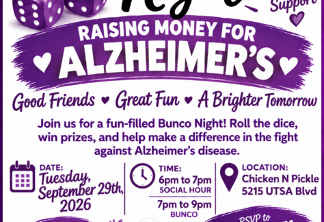 Purple flyer for Bunco Night, a fundraiser for Alzheimers, featuring dice, event details, and pricing. Includes a purple ribbon, hearts, and the Ride to End ALZ logo. Event on September 29, 2026, at Chicken N Pickle, San Antonio.