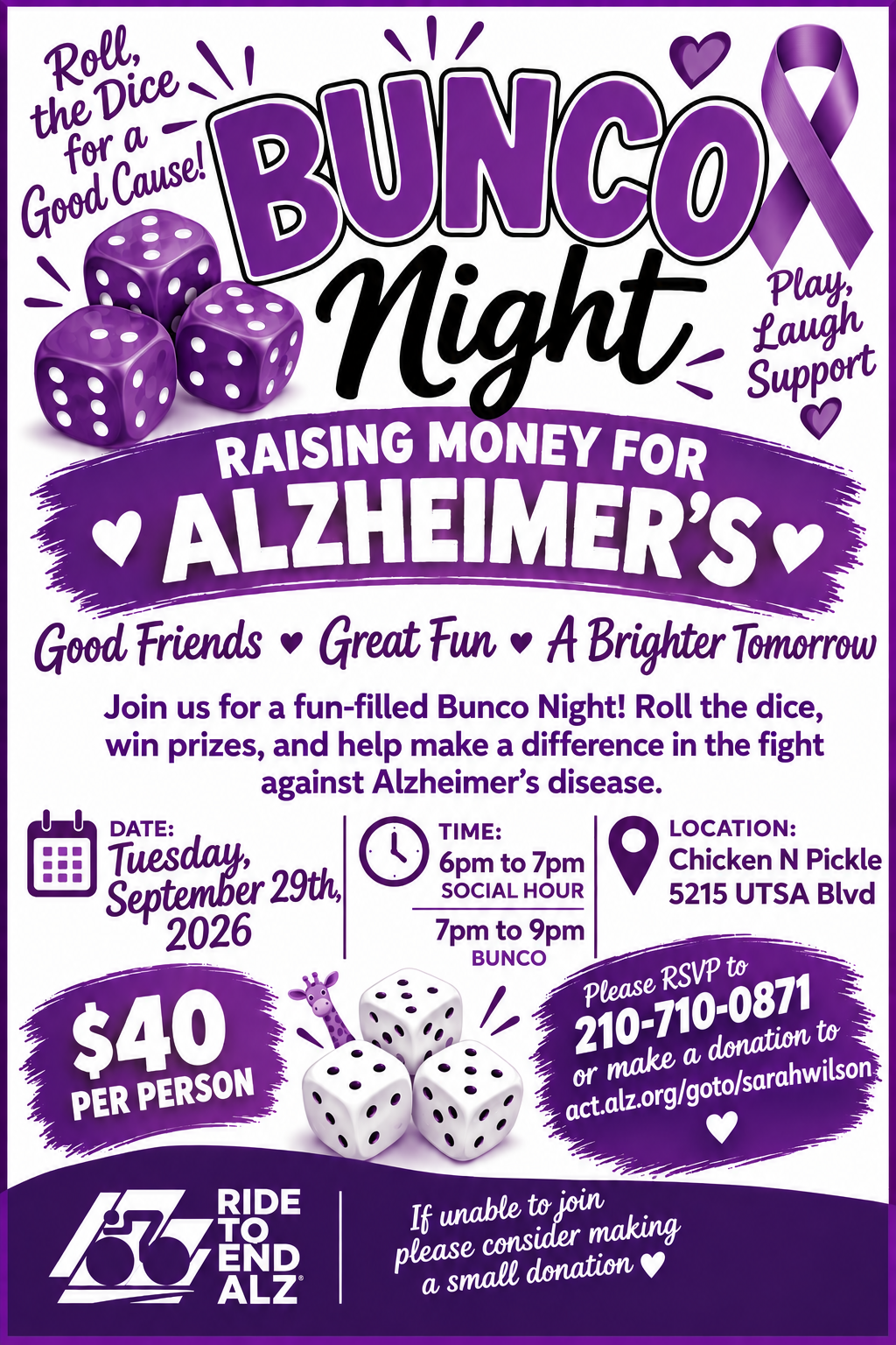 Purple flyer for Bunco Night, a fundraiser for Alzheimers, featuring dice, event details, and pricing. Includes a purple ribbon, hearts, and the Ride to End ALZ logo. Event on September 29, 2026, at Chicken N Pickle, San Antonio.