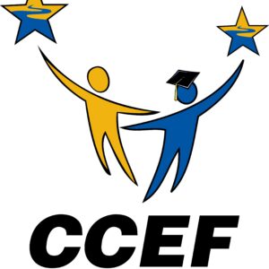 Two stylized human figures, one yellow and one blue with a graduation cap, reach toward two stars above them. Text below reads CCEF Clear Creek Education Foundation..
