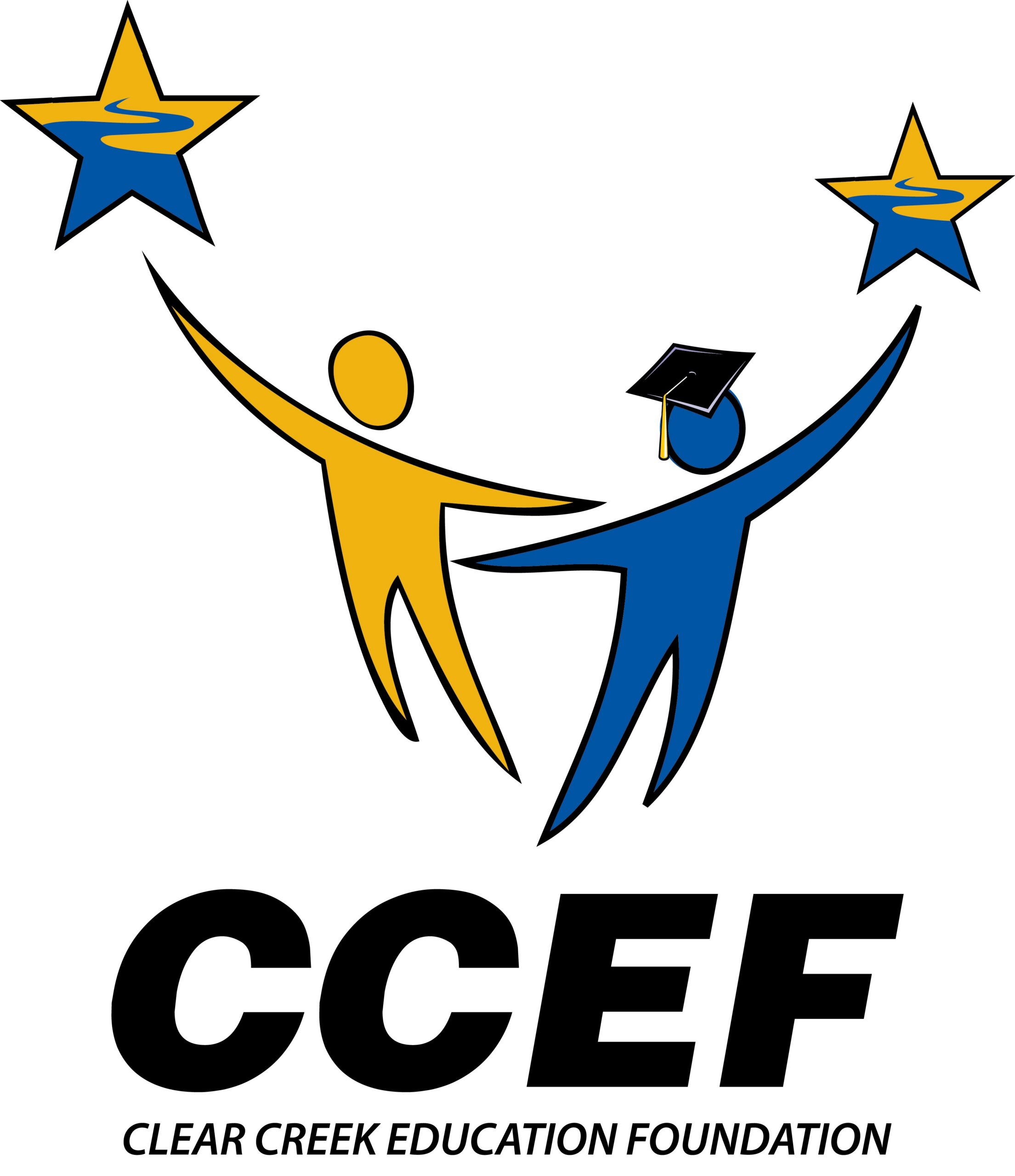Two stylized human figures, one yellow and one blue with a graduation cap, reach toward two stars above them. Text below reads CCEF Clear Creek Education Foundation..