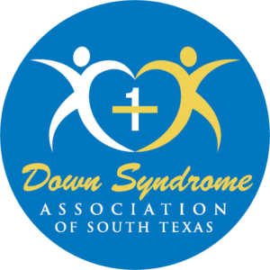 Logo with two stylized human figures forming a heart, a white + and 1 in the center, reading Down Syndrome Association of South Texas in yellow and white text on a blue circle.