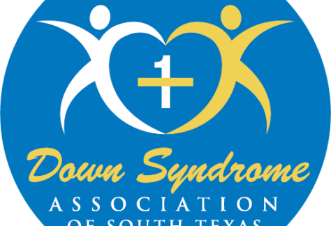Logo with two stylized human figures forming a heart, a white + and 1 in the center, reading Down Syndrome Association of South Texas in yellow and white text on a blue circle.