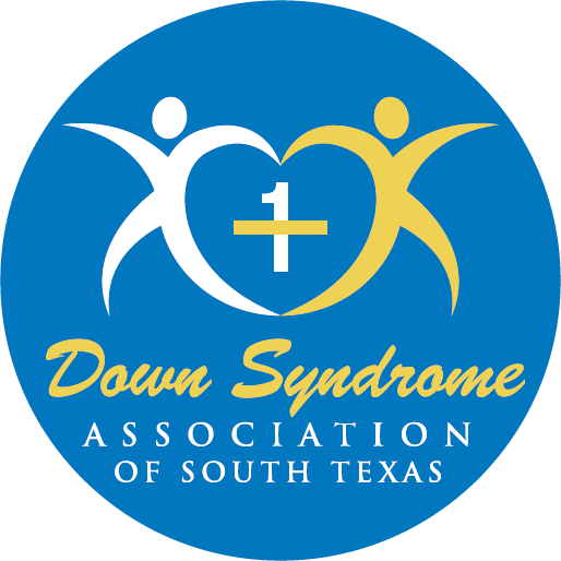 Logo with two stylized human figures forming a heart, a white + and 1 in the center, reading Down Syndrome Association of South Texas in yellow and white text on a blue circle.