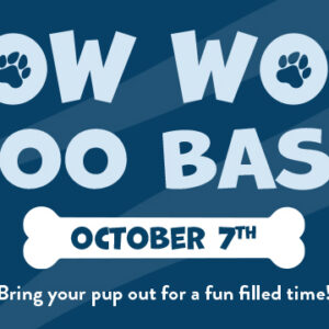 Blue event banner with paw prints, reading Bow Wow Boo Bash October 7th. Bring your pup out for a fun filled time! The date is inside a white bone shape.