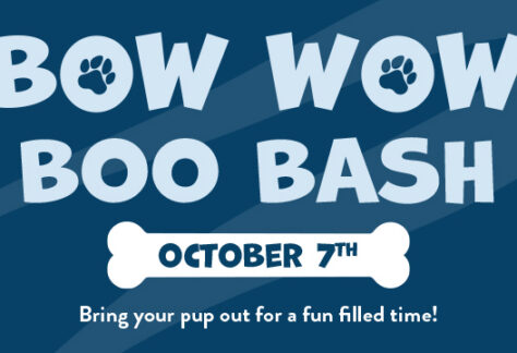 Blue event banner with paw prints, reading Bow Wow Boo Bash October 7th. Bring your pup out for a fun filled time! The date is inside a white bone shape.