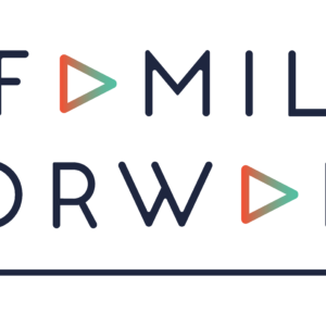 Family Forward logo, featuring the A in FAMILY and the O in FORWARD replaced by green and orange play buttons, all surrounded by a navy blue outlined frame. Perfect for promoting the 10% Giveback Night Benefiting The Arya Foundation at Chicken N Pickle.