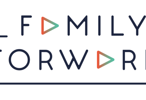 Family Forward logo, featuring the A in FAMILY and the O in FORWARD replaced by green and orange play buttons, all surrounded by a navy blue outlined frame. Perfect for promoting the 10% Giveback Night Benefiting The Arya Foundation at Chicken N Pickle.