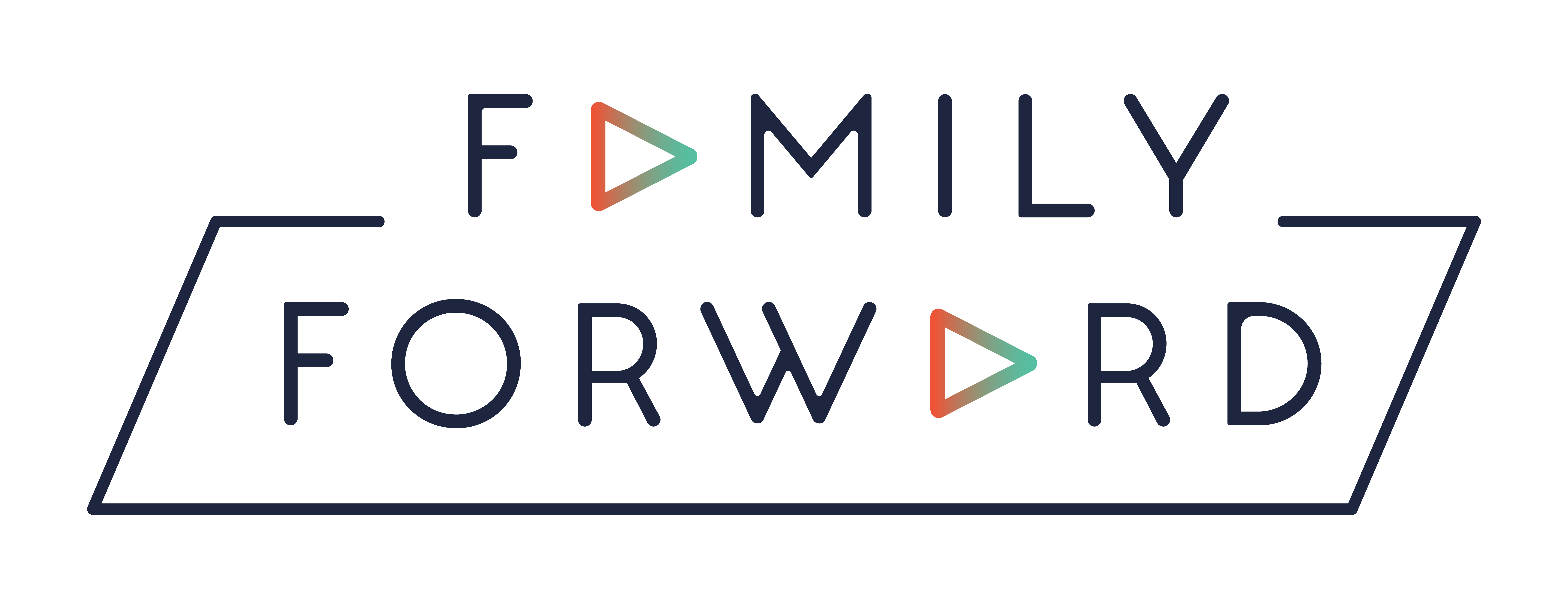 Family Forward logo, featuring the A in FAMILY and the O in FORWARD replaced by green and orange play buttons, all surrounded by a navy blue outlined frame. Perfect for promoting the 10% Giveback Night Benefiting The Arya Foundation at Chicken N Pickle.