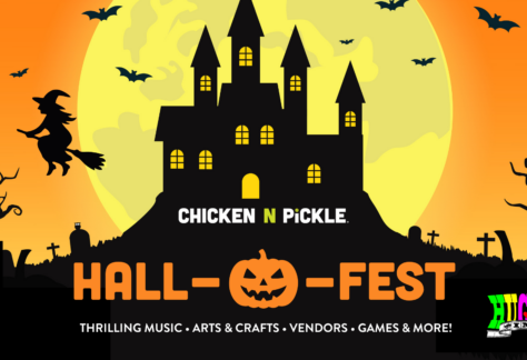 Halloween event poster with a haunted house, flying witch, bats, gravestones, and a large yellow moon. Text: Chicken N Pickle Hall-Fest. Thrilling music, arts & crafts, vendors, games & more!.