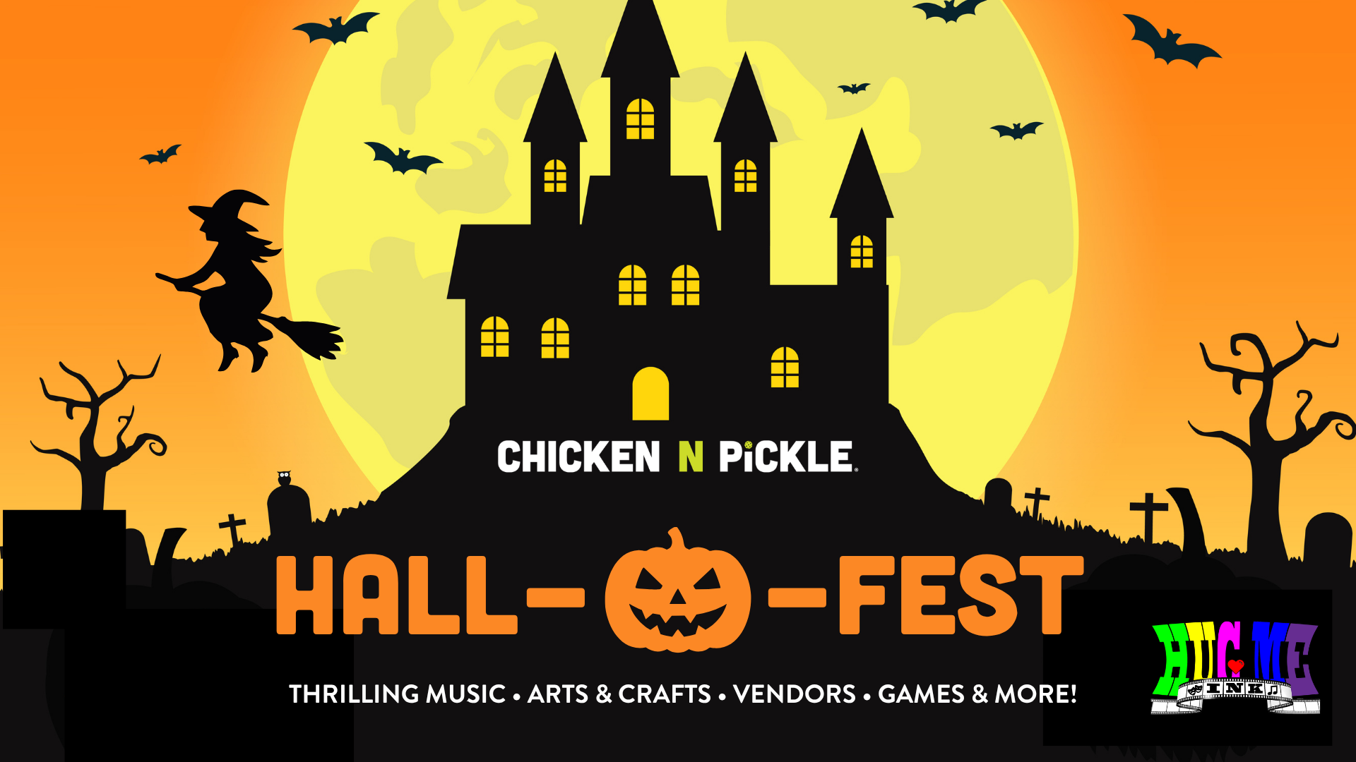 Halloween event poster with a haunted house, flying witch, bats, gravestones, and a large yellow moon. Text: Chicken N Pickle Hall-Fest. Thrilling music, arts & crafts, vendors, games & more!.