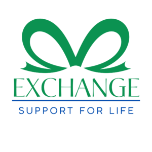 Green ribbon forming a heart shape above the word EXCHANGE in green, with SUPPORT FOR LIFE written in blue below, all on a white background.