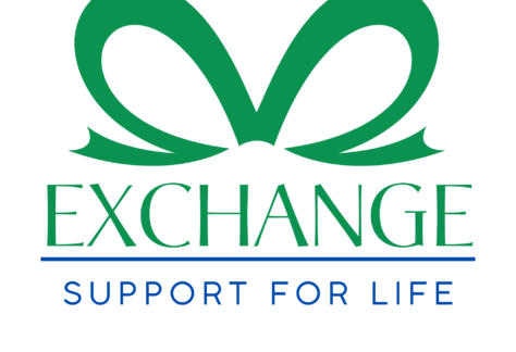Green ribbon forming a heart shape above the word EXCHANGE in green, with SUPPORT FOR LIFE written in blue below, all on a white background.